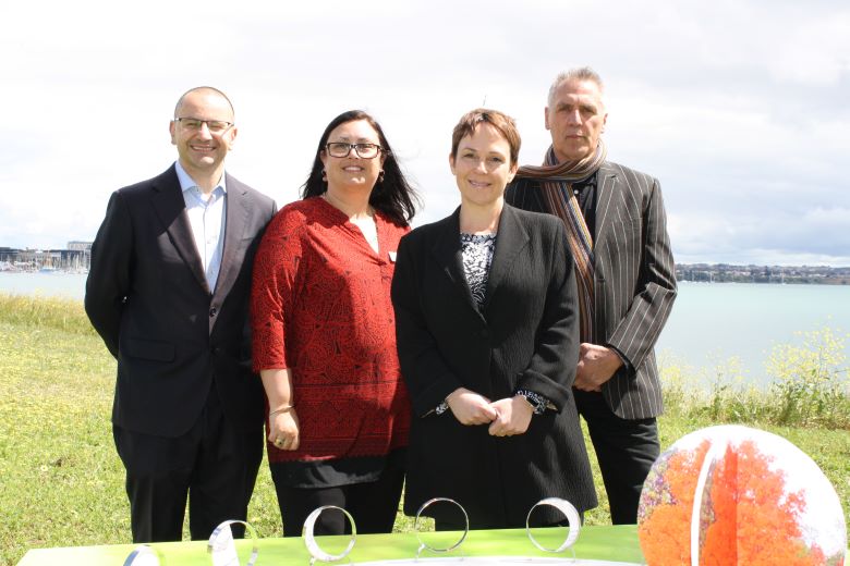 CEO Joe Calafiore, City of Greater Geelong Deputy Mayor Kylie Grzybek former Road Safety Minister Jaala Pulford and artist Don Walters at the launch of the Road Trauma Memorial project.