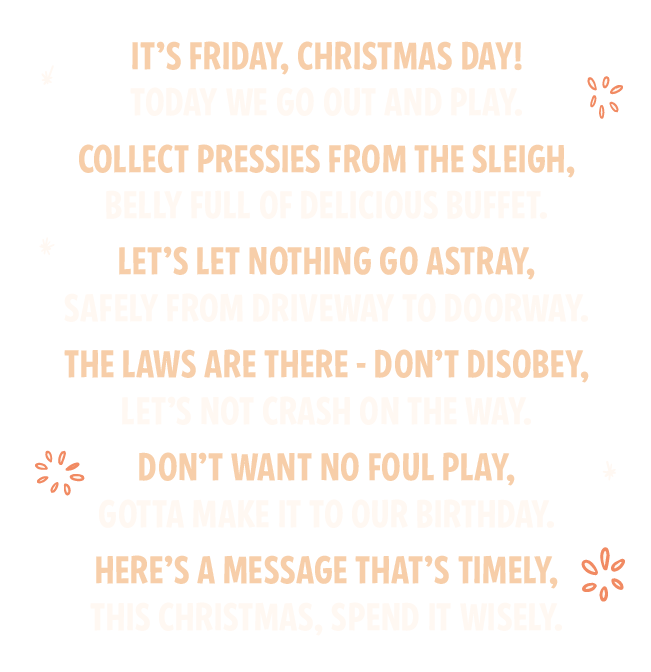 IT’S FRIDAY, CHRISTMAS DAY!
TODAY WE GO OUT AND PLAY.
COLLECT PRESSIES FROM THE SLEIGH,
BELLY FULL OF DELICIOUS BUFFET.
LET’S LET NOTHING GO ASTRAY,
SAFELY FROM DRIVEWAY TO DOORWAY.
THE LAWS ARE THERE - DON’T DISOBEY,
LET’S NOT CRASH ON THE WAY.
DON’T WANT NO FOUL PLAY,
GOTTA MAKE IT TO OUR BIRTHDAY.
HERE’S A MESSAGE THAT’S TIMELY,
THIS CHRISTMAS, SPEND IT WISELY.