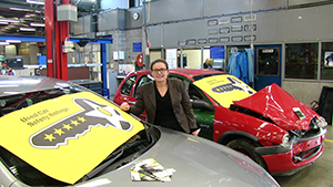 Sam with crashed car